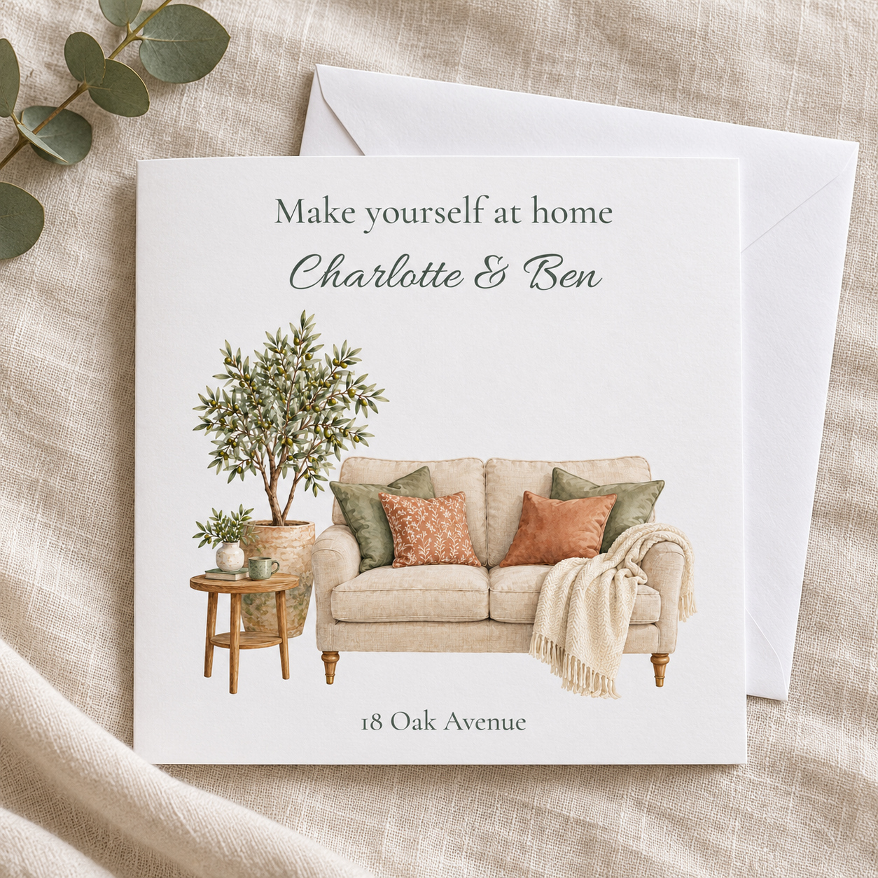 Personalised new home card with watercolour cosy sofa, olive tree, names and address