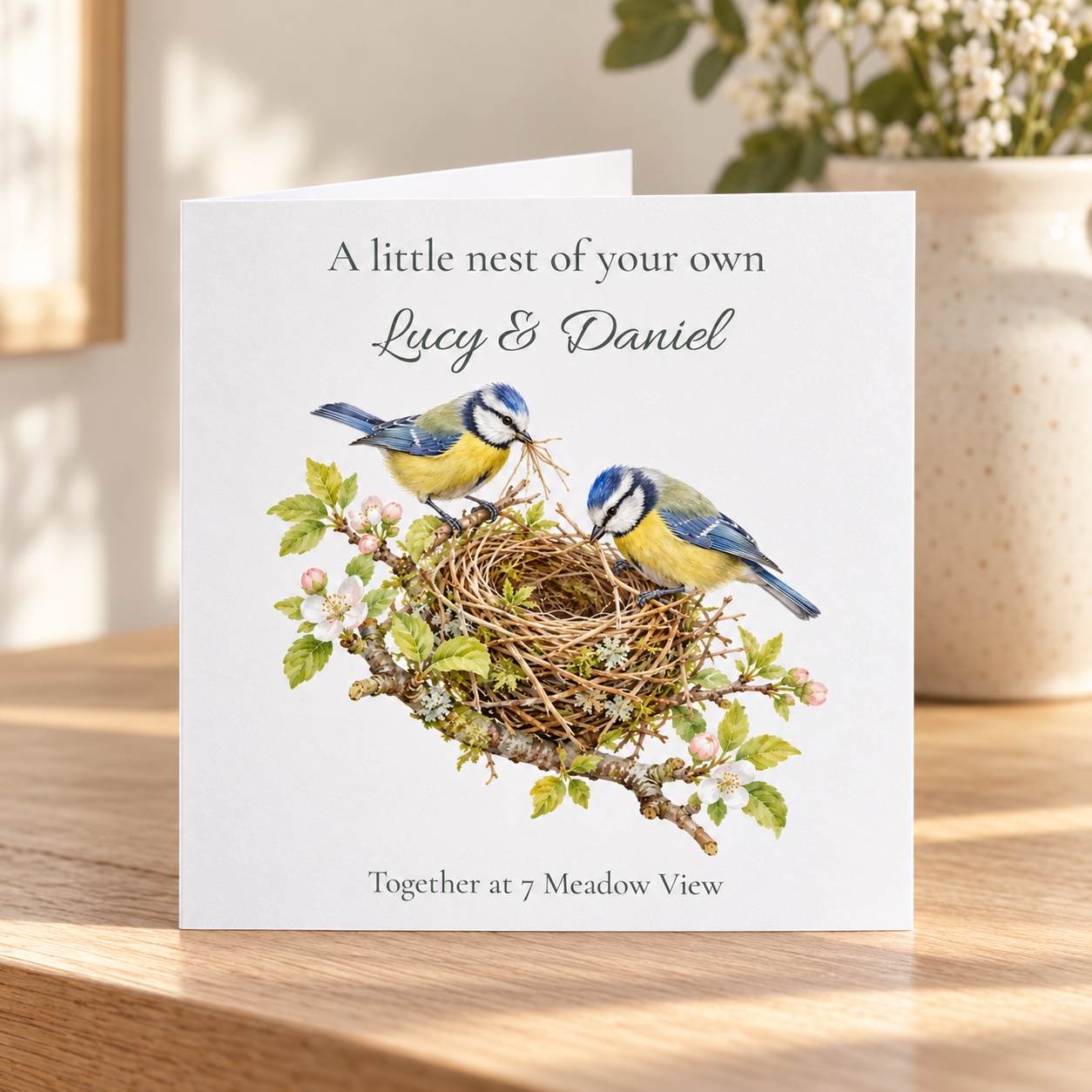 Personalised new home card with watercolour blue tits building a nest, names and address