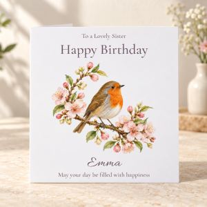 Robin on pink blossom birthday card personalised with relation and name