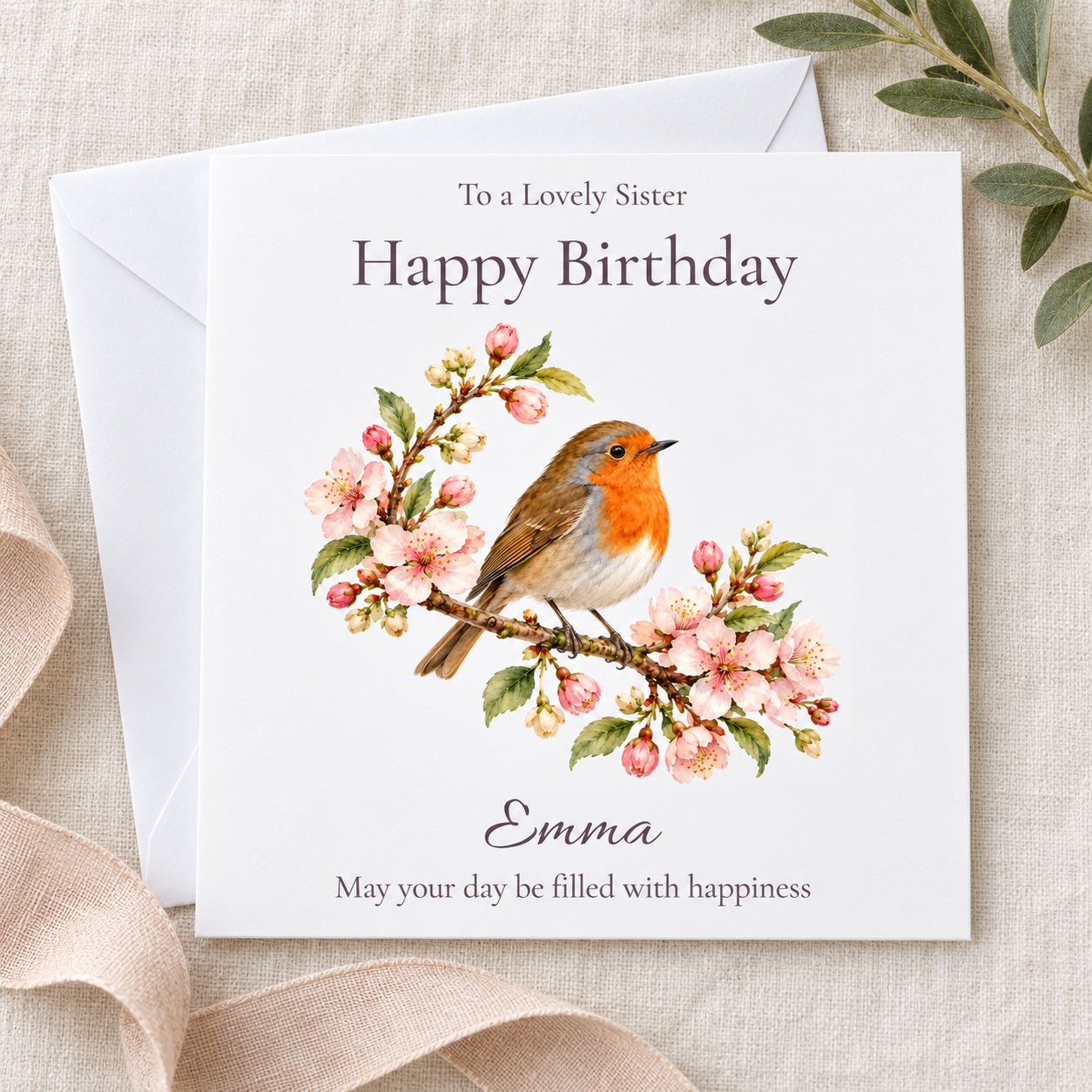 Robin & Blossom Birthday Card | Watercolour Bird | Any Name & Relation - Image 2