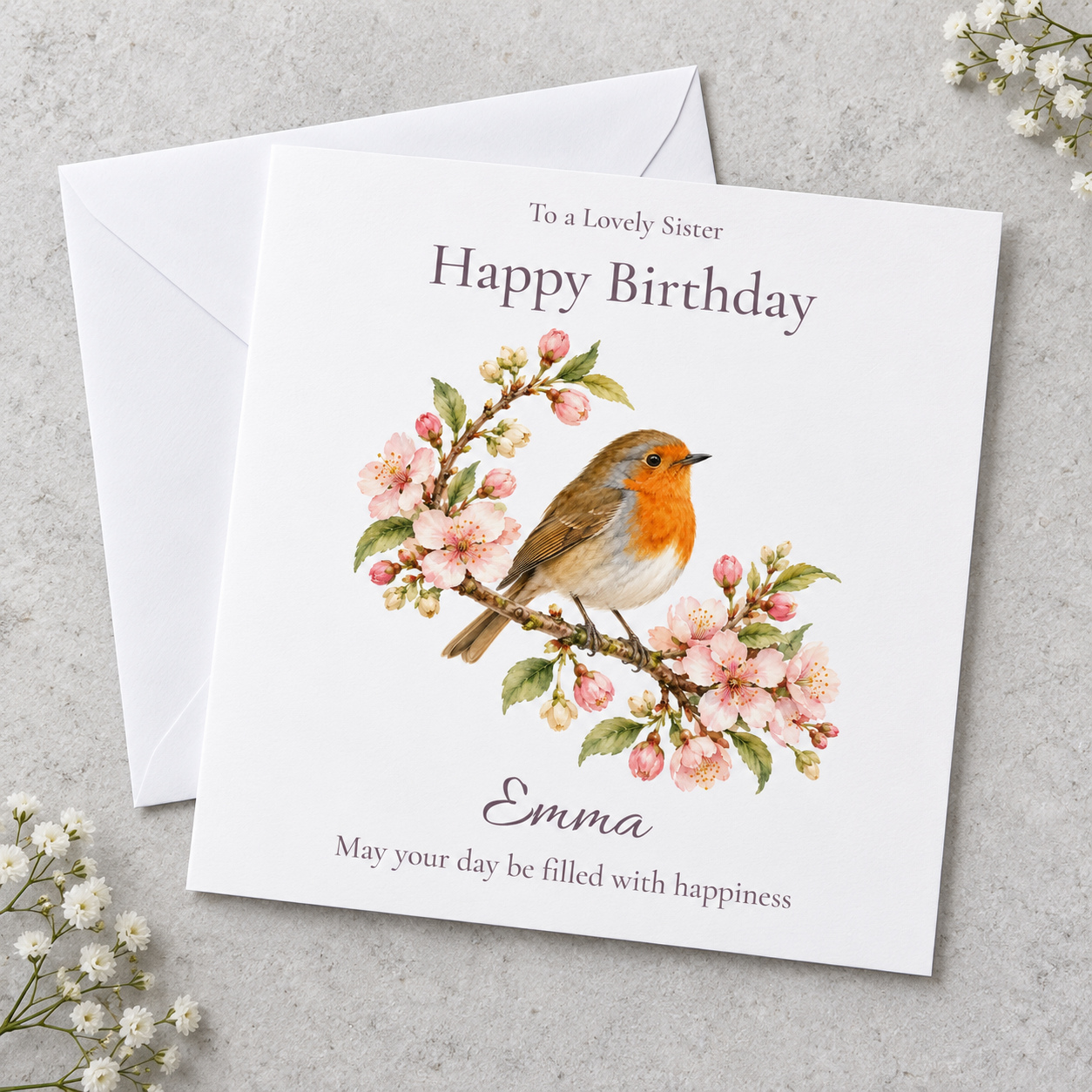 Robin & Blossom Birthday Card | Watercolour Bird | Any Name & Relation - Image 5
