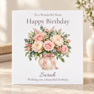 Pink roses and peonies bouquet birthday card personalised with relation and name