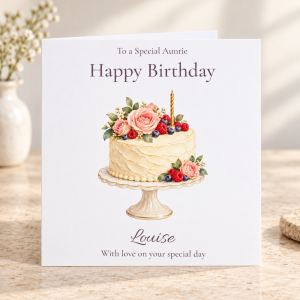 Birthday cake with roses and berries card personalised with relation and name