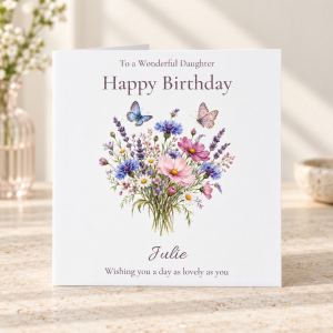 Wildflower bouquet with butterflies birthday card personalised with relation and name