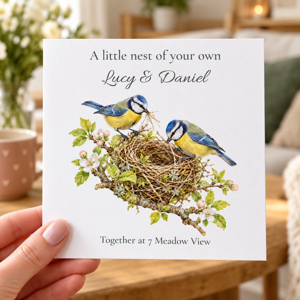 Personalised new home card with watercolour blue tits building a nest, names and address