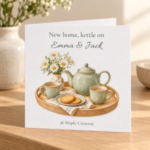 Personalised new home card with watercolour teapot, cups of tea and daisies, names and address