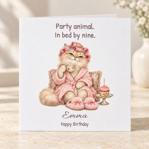 Party animal in bed by nine cat birthday card personalised with a name