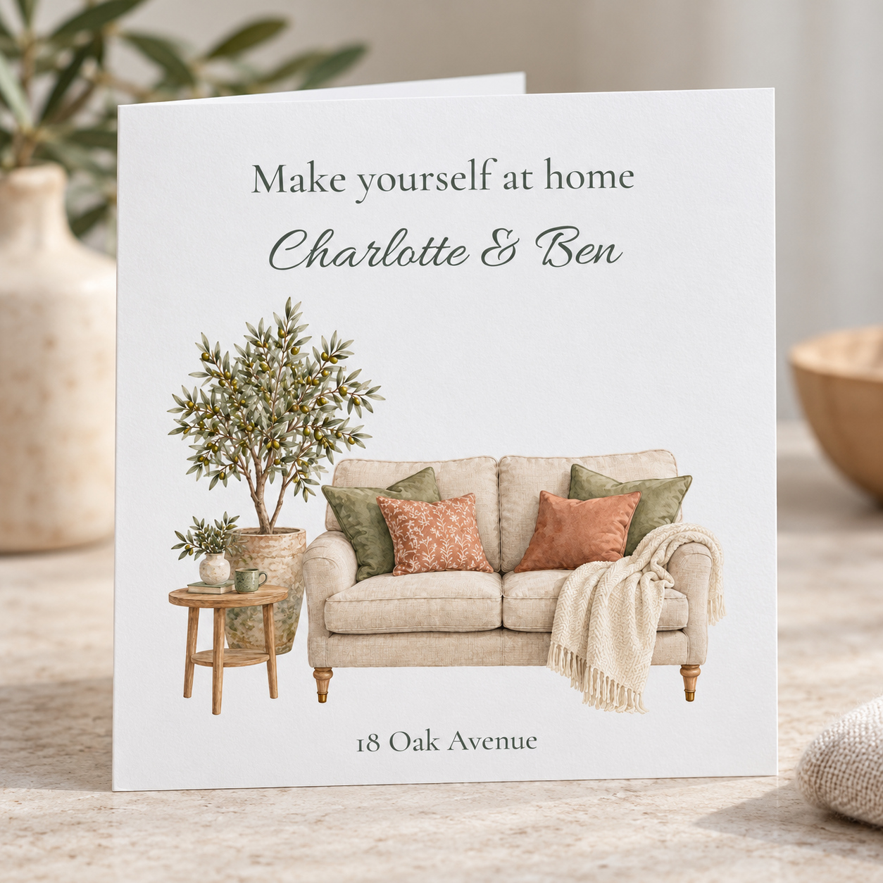Personalised new home card with watercolour cosy sofa, olive tree, names and address