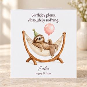 Birthday plans absolutely nothing sloth in hammock birthday card personalised with a name