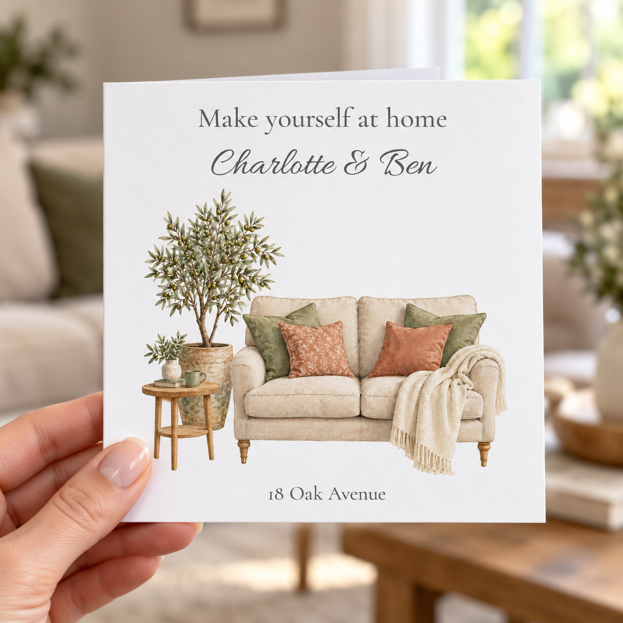 Personalised new home card with watercolour cosy sofa, olive tree, names and address
