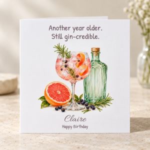 Another year older still gin-credible pink gin birthday card personalised with a name
