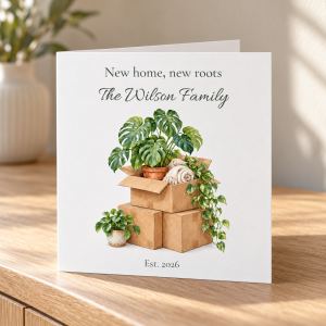 Personalised new home card with watercolour moving boxes and house plants, family name and year