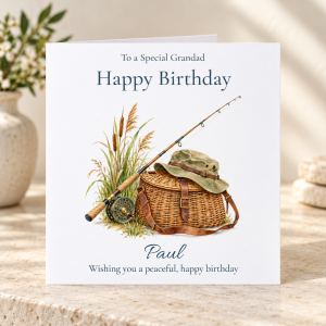 Fishing birthday card with fly rod creel basket and fishing hat personalised with relation and name