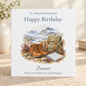 Hiking birthday card with walking boots rucksack and Scottish Highland mountains personalised with relation and name