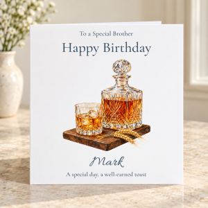 Whisky birthday card with crystal decanter and tumbler personalised with relation and name