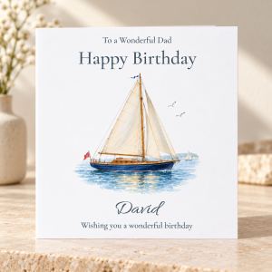Sailing birthday card with classic yacht on the sea personalised with relation and name