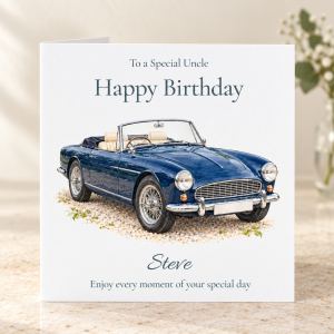 Classic car birthday card with navy vintage convertible sports car personalised with relation and name
