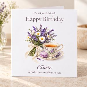 Lavender and daisy posy with floral teacup birthday card personalised with relation and name